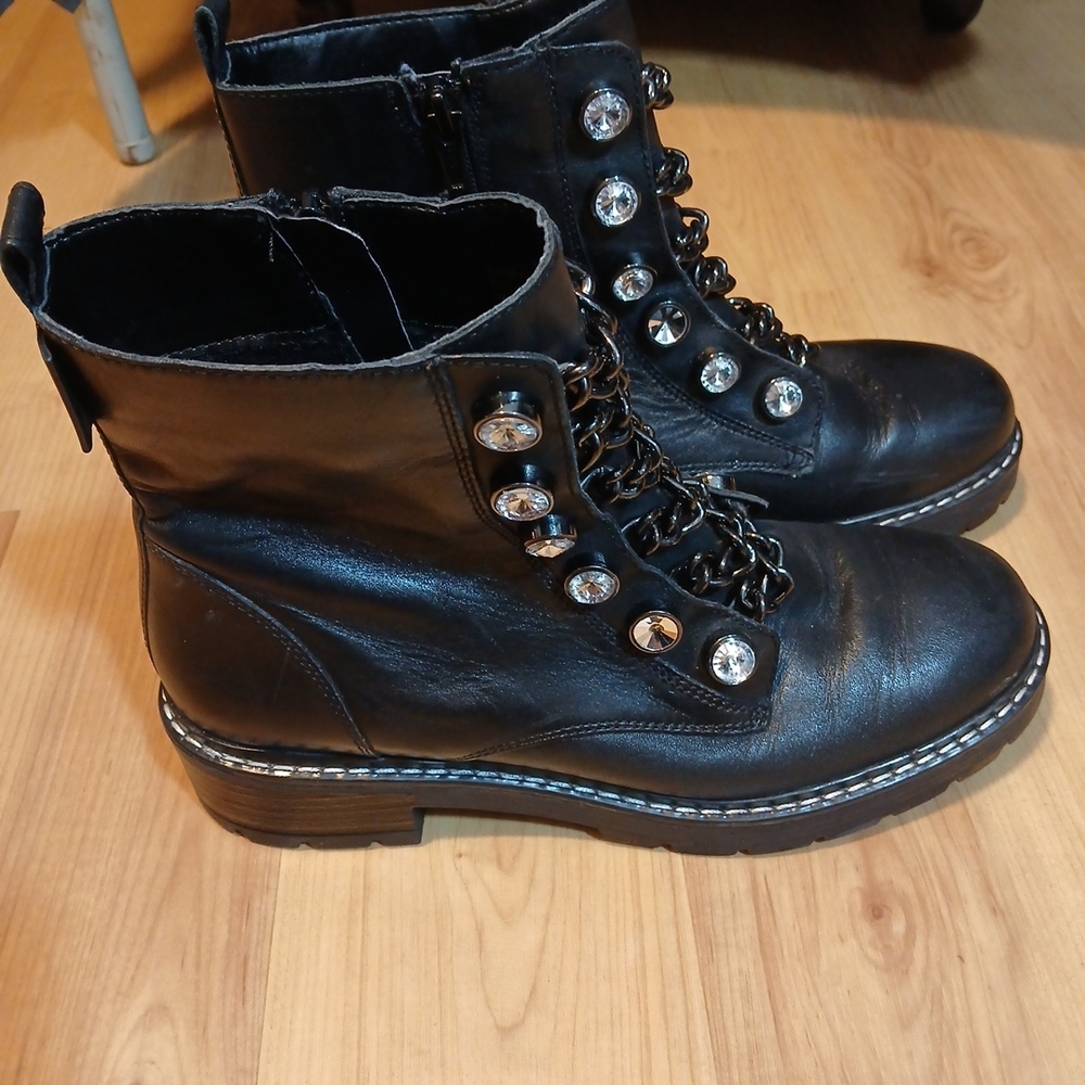 Kurt Geiger Black Moto Combat Boots with Chains Crystals Silver Details